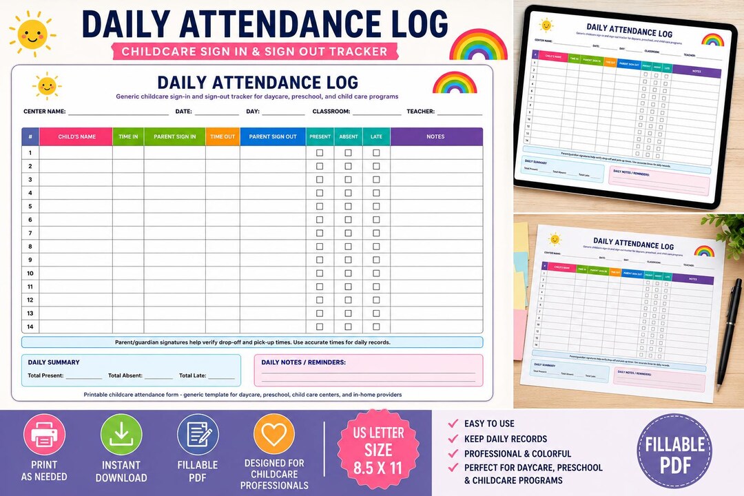Childcare Daily Attendance Tracker | Fillable PDF - Etsy