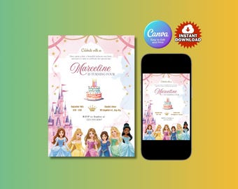 May include: A digital invitation for a fourth birthday party, featuring a princess theme. The design includes a castle, a cake with candles, and illustrations of princesses. The invitation is displayed on a phone screen and a larger print.