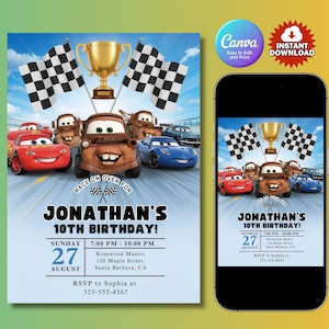 Cars Birthday Invitation Editable Racing Theme Canva Template Digital Party Invite Instant Download Kids Birthday Invitation