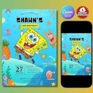 Spongebob Birthday Invitation Template Canva Printable Kids Party Invite Digital Bday Card Design Customizable Birthday Party Invitation