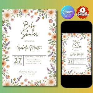 Editable Baby Shower Invitation Template with Floral Design Instant Download Party Invitation Girl Pink Floral Baby Shower Invitation