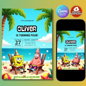 SpongeBob Birthday Invitation Template DIY Editable Canva Invite Instant Download Printable Party Card Digital Kids Birthday Invitation