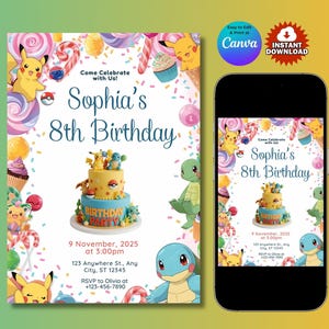 Editable Birthday Invitation Canva Template Digital Party Invite, Printable Kids Birthday Card, Instant Download
