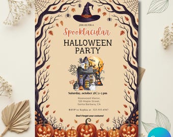 Halloween Party Invite, Spooky Pumpkin Halloween Party Invitation Style Canva Template
