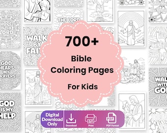 May include: A collection of black and white Bible coloring pages for kids. The image features a pink cloud-shaped graphic with the text "700+ Bible Coloring Pages For Kids." Additional icons indicate digital download, print, and PDF format.