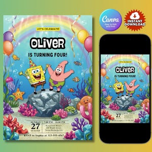 SpongeBob Birthday Invitation Template DIY Editable Canva Invite Instant Download Printable Party Card Digital Kids Birthday