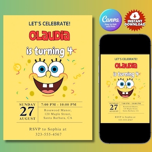SpongeBob Birthday Invitation Template DIY Editable Canva Invite Instant Download Printable Party Card Digital Kids Birthday Party Invite