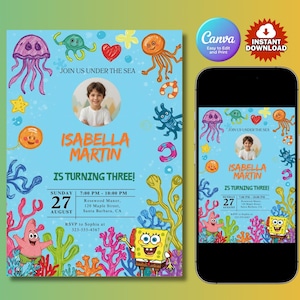 Editable Spongebob Birthday Invitation Template Printable Kids Party Invite Digital Download Fun Sponge Theme Invitation for Boys or Girls