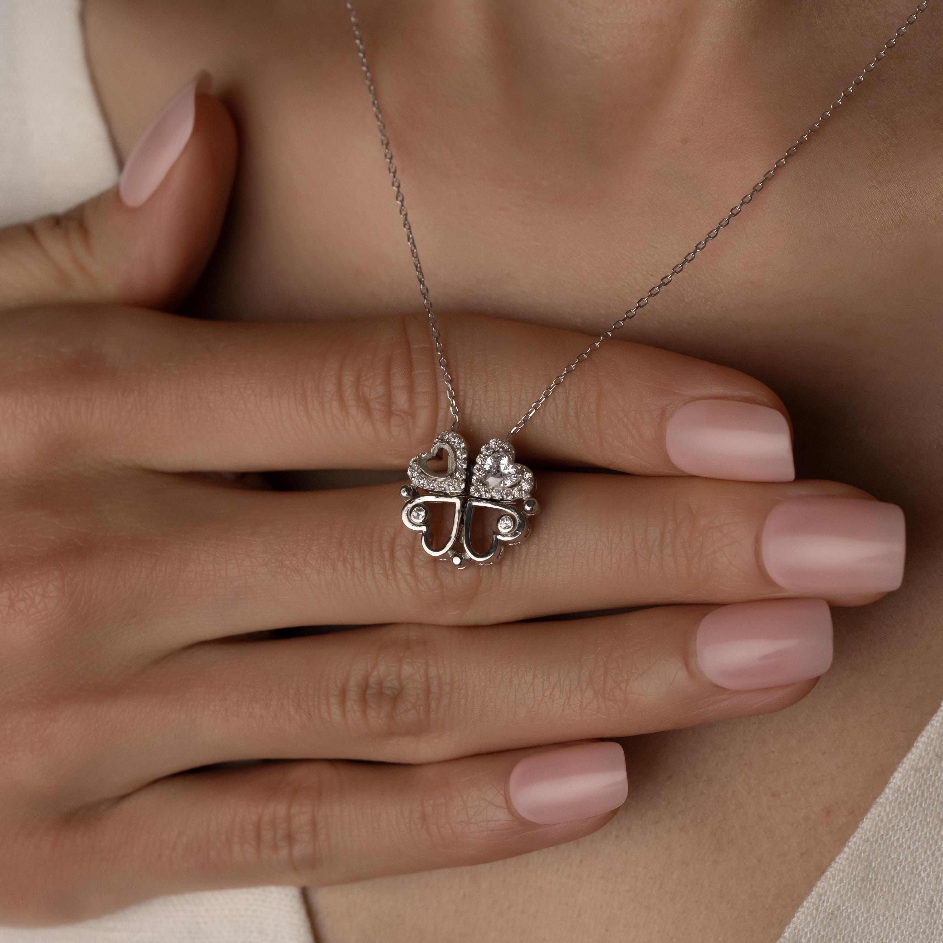 Magnetic Heart Clover Necklace, Split Clover Pendant, Opening