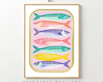 Sardinen Kunstdruck, bunte Meeresküche Deko (Digitaler Download)