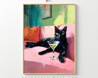 Black Cat Martini Art Print, Quirky Bar Decor (Digital Download)