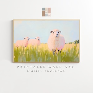 Pink Sheep Wall Art, Cute Farm Animal Poster, Oil Painted Sheep Illustration, Pastel Decor, Country Cottage Printable Art, Instant Download