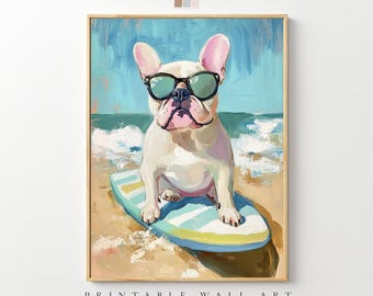 Surfing Bulldog Art Print, Beach Dog Lover Gift (Digital Download)