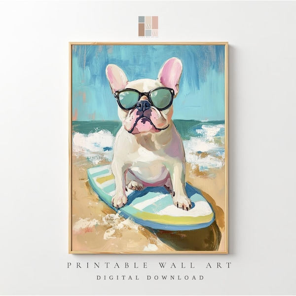 Surfende Bulldogge Kunstdruck, Strandhund Geschenk (Digitaler Download)