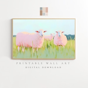 Pink Sheep Wall Art, Cute Farm Animal Poster, Oil Painted Sheep Illustration, Pastel Decor, Country Cottage Printable Art, Instant Download