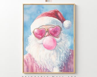 Pink Santa Wall Art Print, Retro Christmas Decor, Bubblegum Santa Digital Artwork, Cute Holiday Printable, Fun Festive Wall Decor