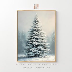 Vintage Oil Painting Christmas Tree Print, Christmas Decor Printable Wall Art, Neutral Holiday Christmas Tree Painting, Digital Download Art