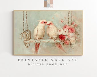 Liebe Vögel Valentinstag Wand Kunst Druck - Vintage Papageien Ölgemälde (Digitaler Download)