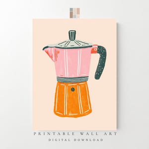 Könnte beinhalten: Bunte Illustration eines Espressokochers. Der Kaffeezubereiter ist rosa und orange mit einem schwarzen Griff und Deckel. Der Druck enthält den Text "PRINTABLE WALL ART DIGITAL DOWNLOAD".