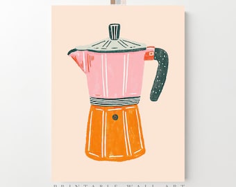 May include: A colorful illustration of a stovetop espresso maker. The coffee pot is pink and orange with a black handle and lid. The print includes the text "PRINTABLE WALL ART DIGITAL DOWNLOAD".