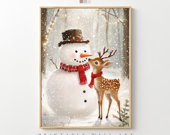 Snowman Deer Christmas Art Print, Winter Holiday Decor (Digital Download)