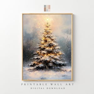 Vintage Oil Painting Christmas Tree Print, Christmas Decor Printable Wall Art, Neutral Holiday Christmas Tree Painting, Digital Download Art