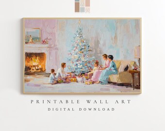 Victorian Christmas Fireplace Wall Art Print: Cozy Holiday Family Oil Painted Scene (Digital Download)