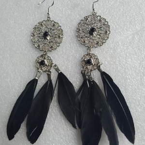 Vintage Silver Filigree & Black Feather Dangle Earing