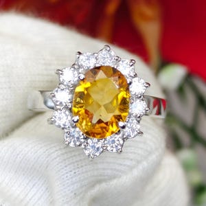 Natural Citrine Ring | 9x7mm Oval Cut | 925 Sterling Silver | Yellow Gemstone with Zircon Halo | November Birthstone | Gift for Her