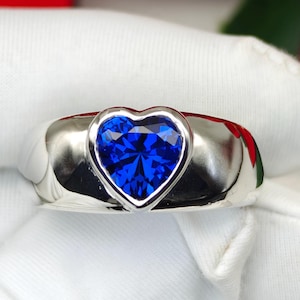 Heart-Cut Royal Blue Sapphire Ring | 7mm Lab-Grown Sapphire in 925 Sterling Silver | Bezel-Set Modern Band | Bold Statement Jewelry.
