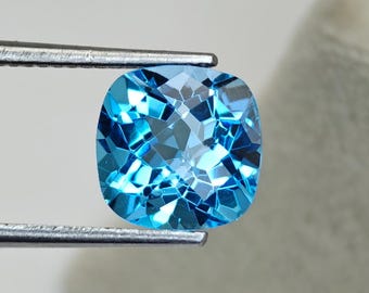 3.70 Ct Natural Swiss Blue Topaz Cushion Faceted| 9 mm Checkerbord Loose Gemstone | Vivid Blue Faceted Topaz for Fine Jewelry.