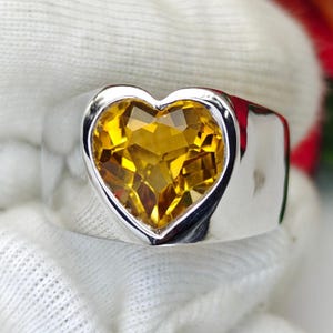 Heart Shape Citrine Ring | Natural 12.5mm Citrine from Brazil | 925 Sterling Silver | Unisex Statement Ring | Bold Yellow Gemstone