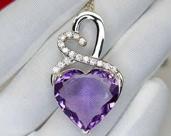 Heart Shape Amethyst Pendant | Natural Purple Amethyst in 925 Silver | Zircon Accent Heart Necklace | Valentine's Gift for Her | February