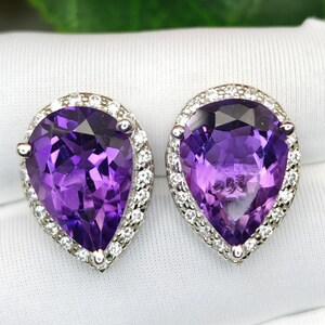 Pear Cut Natural Amethyst Stud Earrings | 925 Sterling Silver Earrings | Brazilian Amethyst with Zircon | February Birthstone Gift for Her