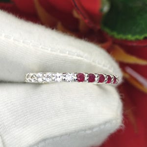White CZ & Lab Grown Ruby Eternity Ring, 925 Sterling Silver, White Gold Rhodium Plated, 2mm Round Red Ruby and CZ, Stackable Wedding Band.