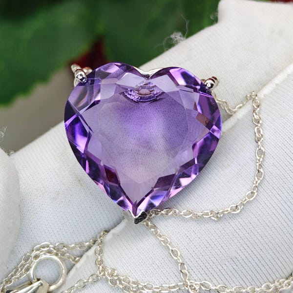 Natural Amethyst Heart Pendant Necklace | 925 Sterling Silver | Brazilian Gemstone Jewelry | February Birthstone Gift for Women.