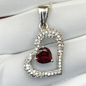 Heart-Shaped Garnet Pendant | Natural Mozambique Garnet in 925 Silver | Red Gemstone Necklace | Valentine&#39;s Gift | 6MM Garnet Jewelry