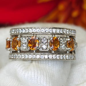 Orange Garnet & CZ Band Ring 4x5mm Oval Cut Stones 925 Sterling Silver Statement Ring Bold Cocktail Ring Unique Garnet Jewelry 4.90g.