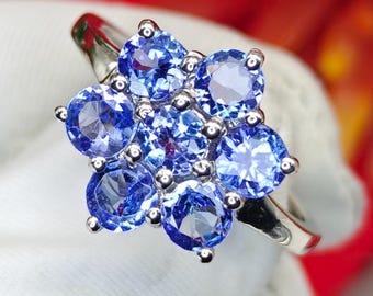 Natural Tanzanite Cluster Ring in 925 Sterling Silver | 7-Stone Round Cut Tanzanite Ring | December Birthstone Jewelry