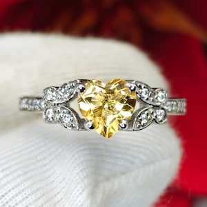 Heart Citrine Ring | Natural Yellow Citrine 7mm | 925 Sterling Silver Ring with Zircon | Dainty Promise Ring | Gift for Her | Birthstone