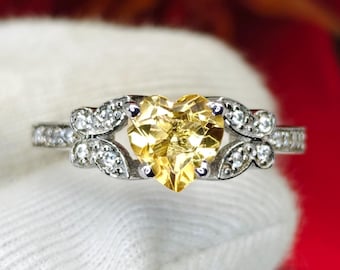 Anillo de citrino con forma de corazón / Citrino amarillo natural de 7 mm / Anillo de plata de ley 925 con circonita / Anillo de promesa delicado / Regalo para ella / Piedra de nacimiento