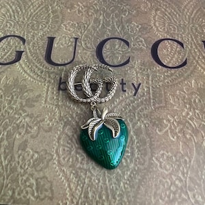 Gucci Gold GG Logo Green Strawberry Designer Brooch