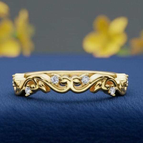 Vintage Moissanite Half Eternity Band | Dainty Scroll Design Moissanite Wedding Ring | Antique Style Stacking Band