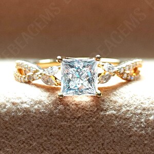 Princess Cut Moissanite Engagement Ring: Infinity Vine Band, Yellow Gold