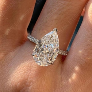 Pear Moissanite Engagement Ring: Hidden Halo, Dainty Pavé, 14k Gold