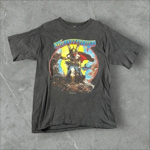 May include: A charcoal grey short-sleeve t-shirt featuring a graphic print of a warrior figure in a winged helmet standing over a rocky landscape. The text MOLLY HATCHET is printed in blue and yellow above the central circular illustration.