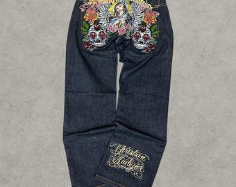Christian Audigier Jeans Herren 34x32 Dunkelblau Saint Mary Gestickt Y2K Baggy