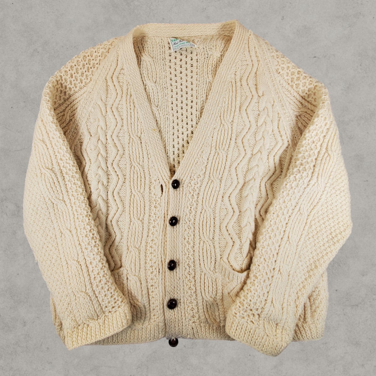 Vintage An Irish Cardigan Men Large Cream Hand Knit Pure Wool Aran Sweater Trad