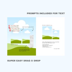Pu&ograve; includere: Un modello di album di ritagli a tema viaggio con suggerimenti per aggiungere ricordi. Il design include illustrazioni di biglietti, ricevute e paesaggi. I suggerimenti di testo incoraggiano gli utenti a inserire ricordi e scrivere messaggi. La frase "SUPER EASY DRAG & DROP" &egrave; inclusa.