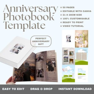 Peut inclure: Un modèle de livre photo d'anniversaire blanc avec le texte "Anniversary Photobook Template". Le livre ouvert affiche des photos. Le texte comprend "50 pages", "format 21 x 28cm", "Modifiable avec Canva" et "Téléchargement instantané".